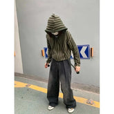 Korean Hooded Loose Harajuku Sweaters Striped Zipper Cardigan Knitted Gothic Y2k Tops Jumper